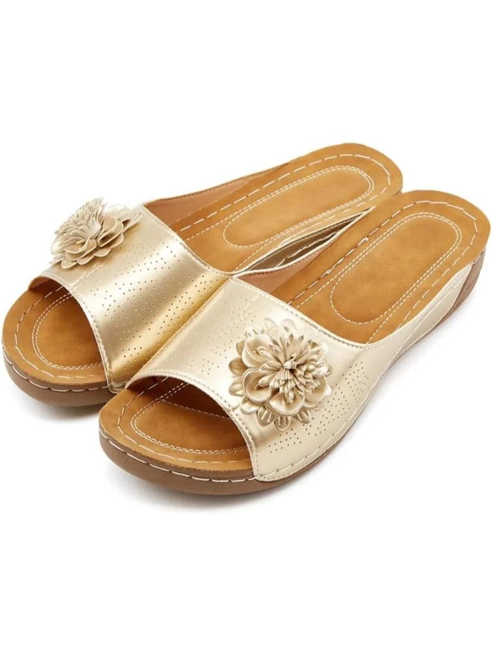 Women's Gold Faux Leather Summer Wedge Low Open Toe Slide Dressy Flower Sandal